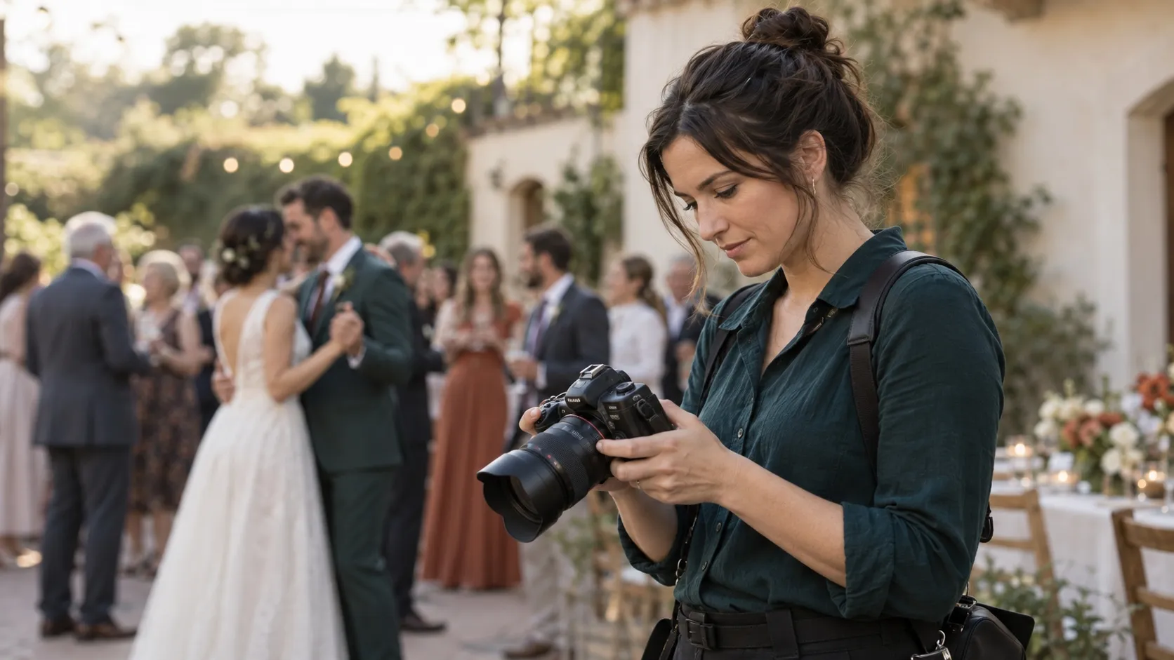 Hero image for a guide on 'why are my photos blurry' showing photographer checking her settings